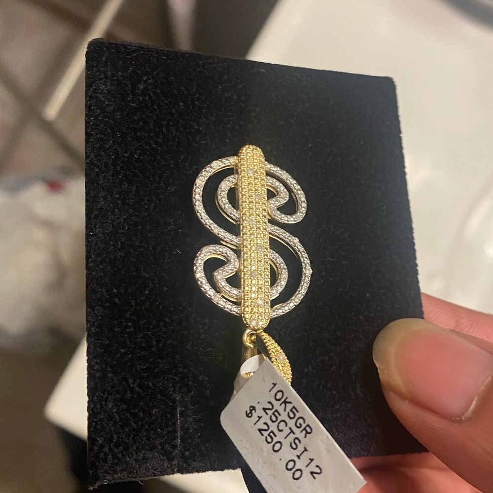 10k Yellow Solid Gold Diamond Dollar Sign Pendant